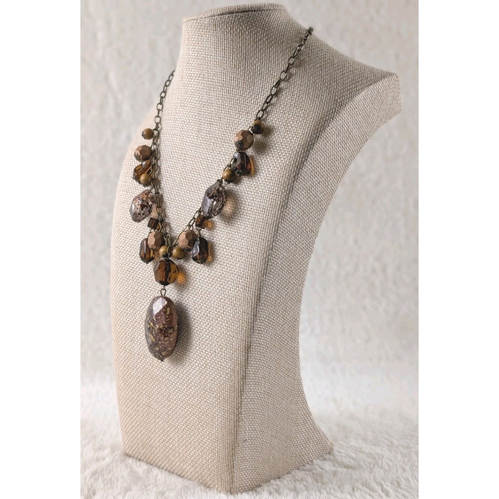 Bronze Tone Statement Necklace Brown Glass Beads Large Drop‎ Pendant